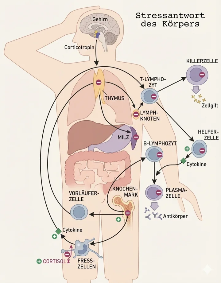 Stressantwort des Körpers - Immunsystem mit Killerzellen, T-Lymphozyten, B-Lymphozyten und Fresszellen